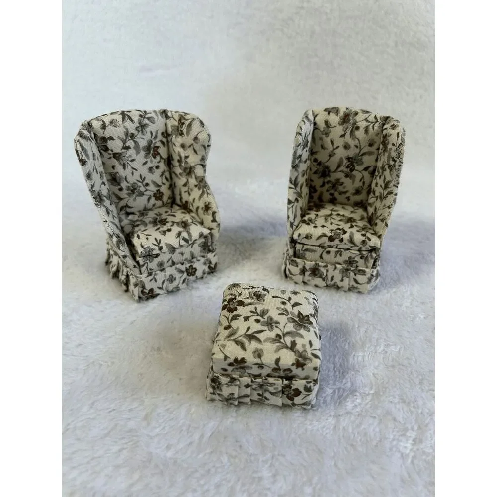 Miniature Doll House Furniture Lot, Wooden Pieces, Cloth Chairs, Vintage